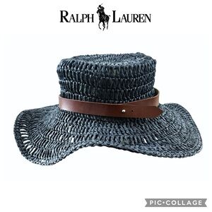 Ralph Lauren women raffia straw boater hat navy blue with brown leather belt